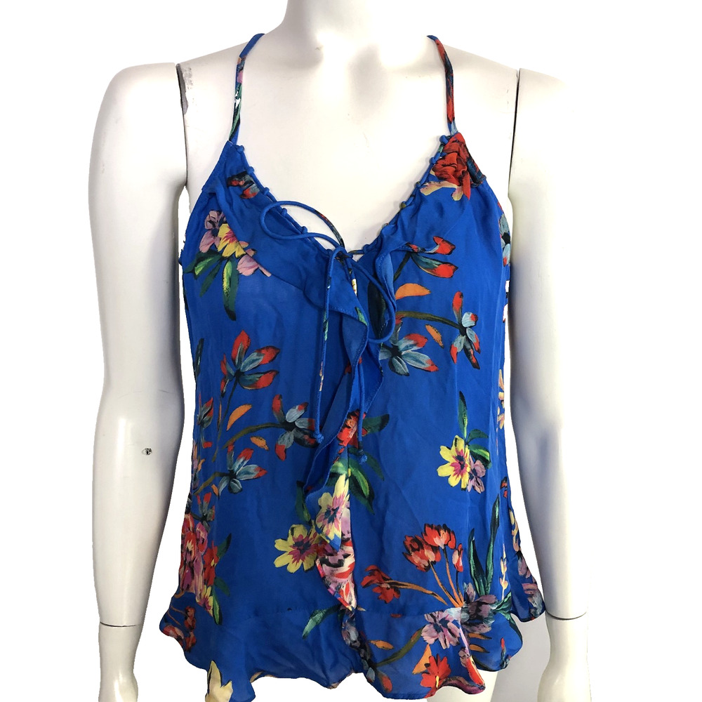 Parker Silk Blend Womens Floral Pullover Tank Top Spaghetti Strap Blouse Blue